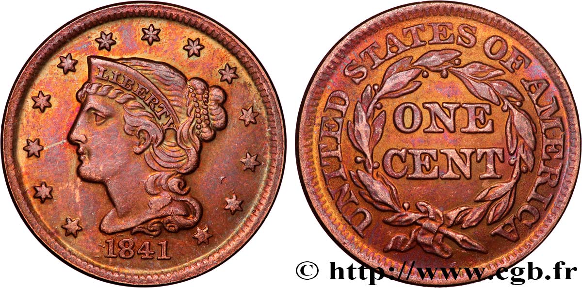 UNITED STATES OF AMERICA 1 cent type “Braided Hair” 1841 Philadelphie XF 