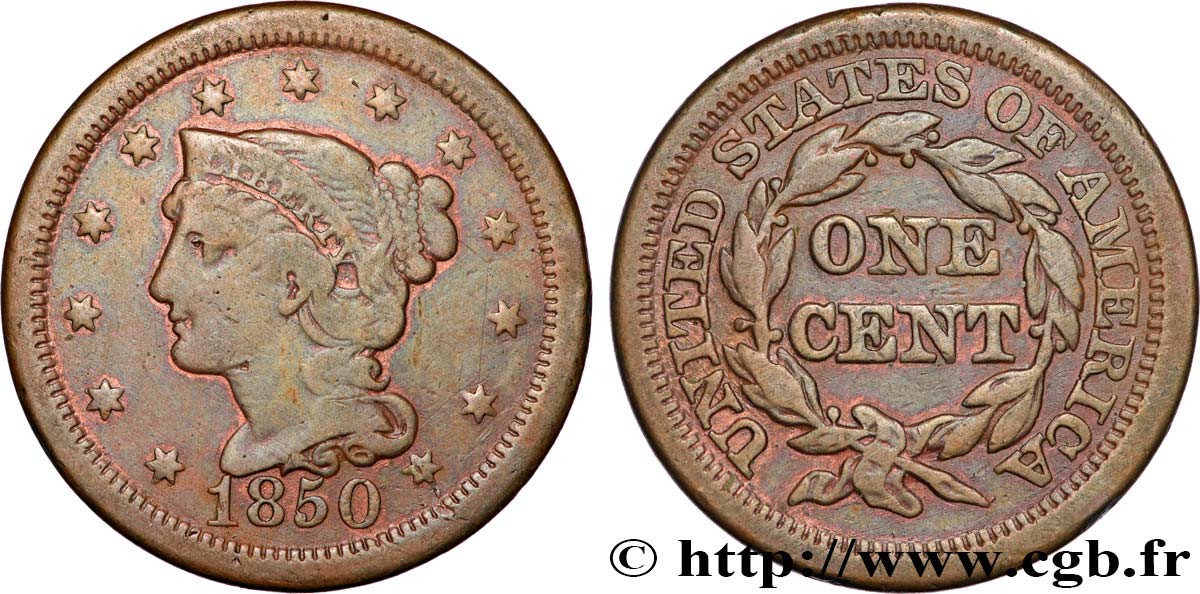 ÉTATS-UNIS D AMÉRIQUE 1 Cent Liberté “Braided Hair” 1850 Philadelphie TB+ 