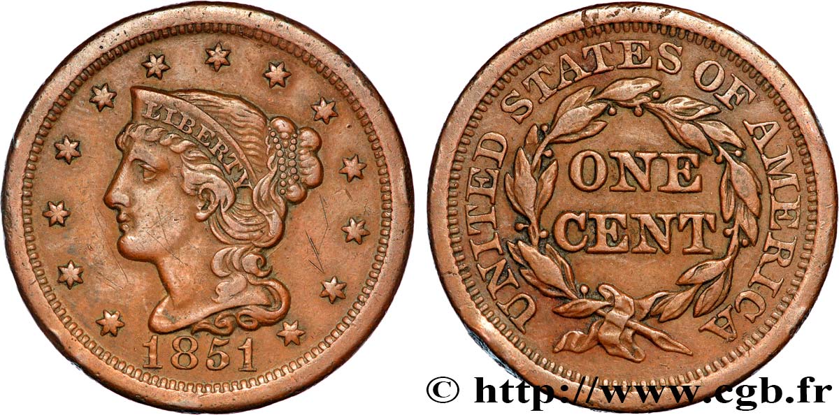 ÉTATS-UNIS D AMÉRIQUE 1 Cent Liberté “Braided Hair” 1851 Philadelphie TTB+ 