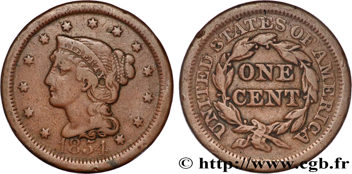 STATI UNITI D AMERICA 1 Cent Liberté “Braided Hair” 1854 Philadelphie q.BB 