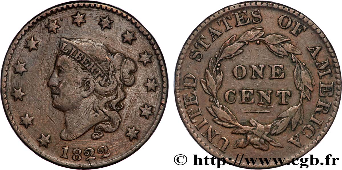 UNITED STATES OF AMERICA 1 Cent “Matron Head”  1822 Philadelphie XF 