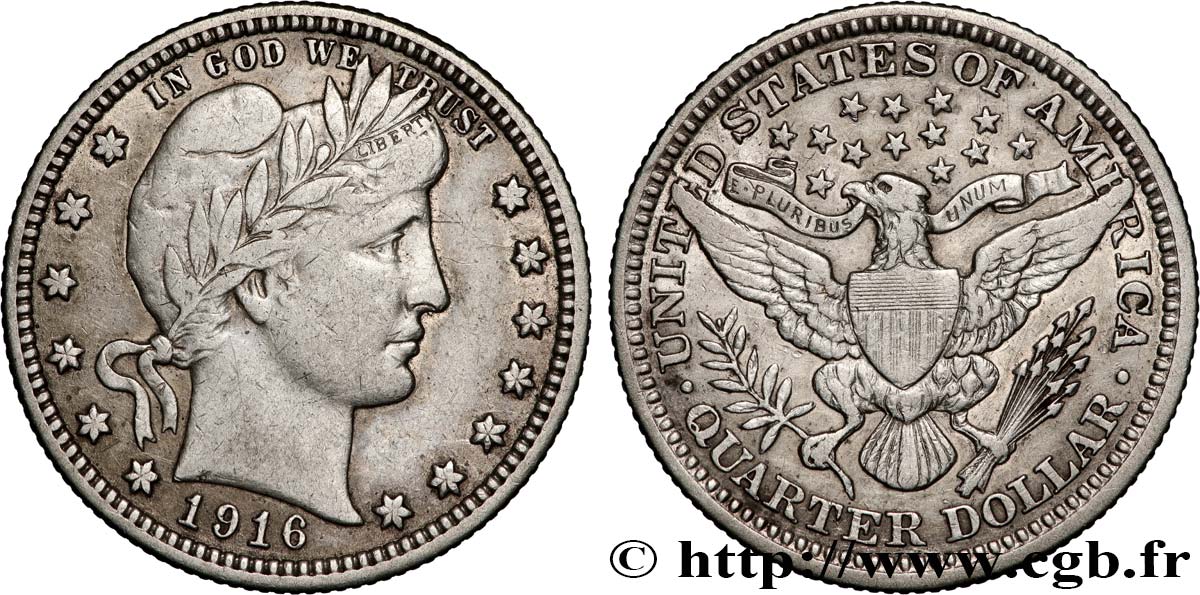 ÉTATS-UNIS D AMÉRIQUE 1/4 Dollar Barber 1916 Philadelphie TTB 