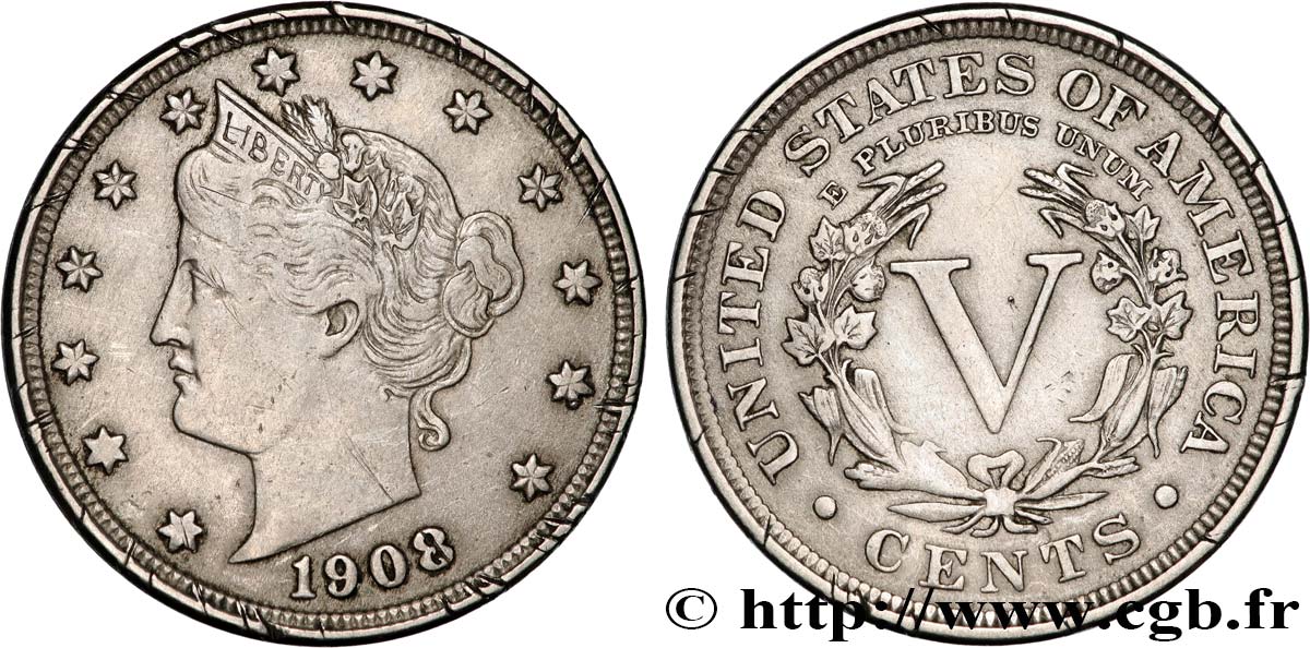 STATI UNITI D AMERICA 5 Cents Liberty 1908 Philadelphie BB 