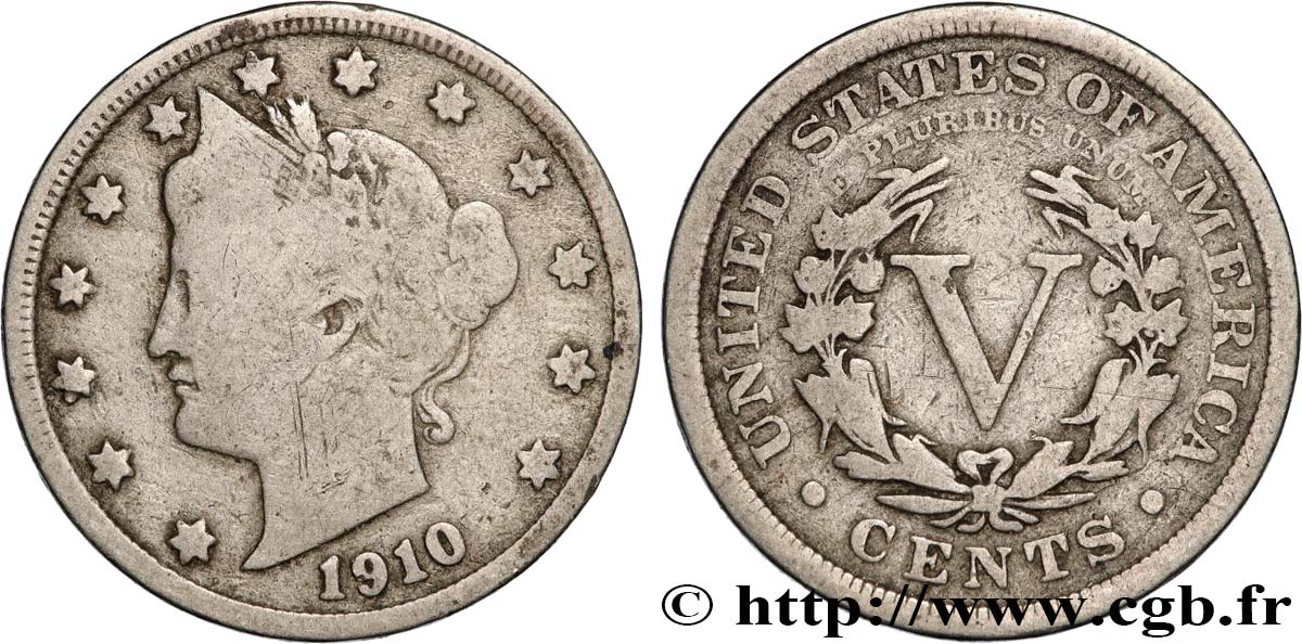 UNITED STATES OF AMERICA 5 Cents Liberty Nickel 1910 Philadelphie VF 