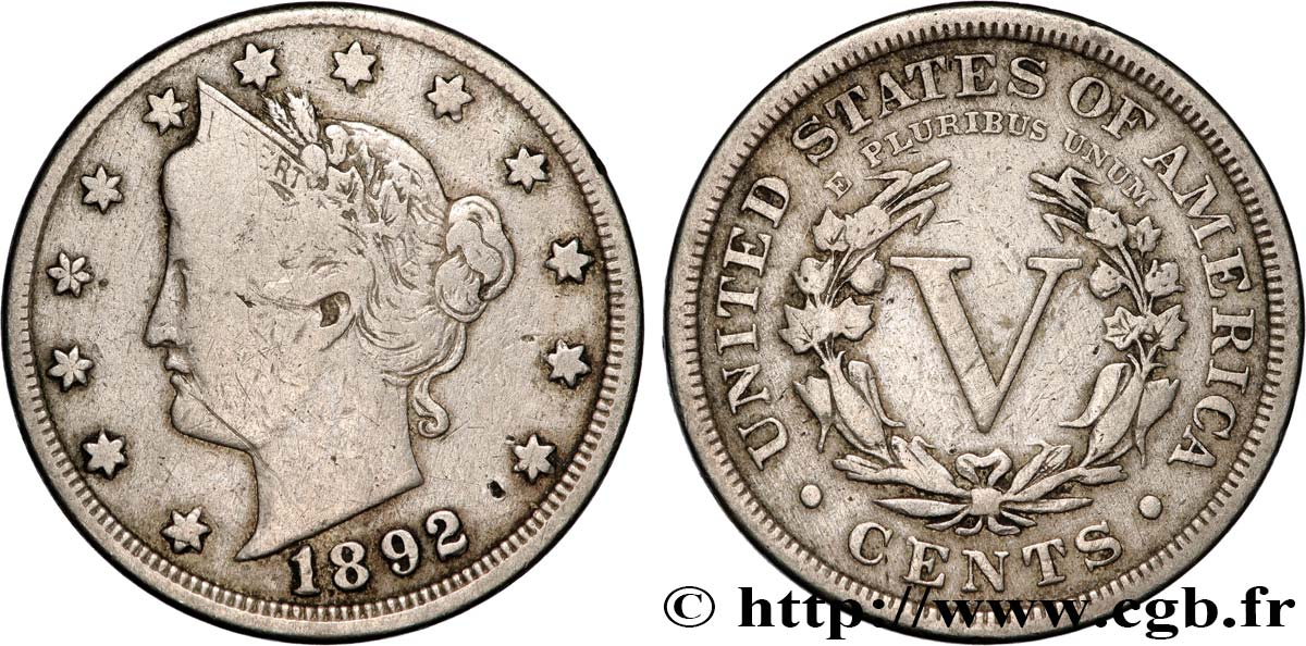 ÉTATS-UNIS D AMÉRIQUE 5 Cents “Liberté” 1892 Philadelphie TB+ 