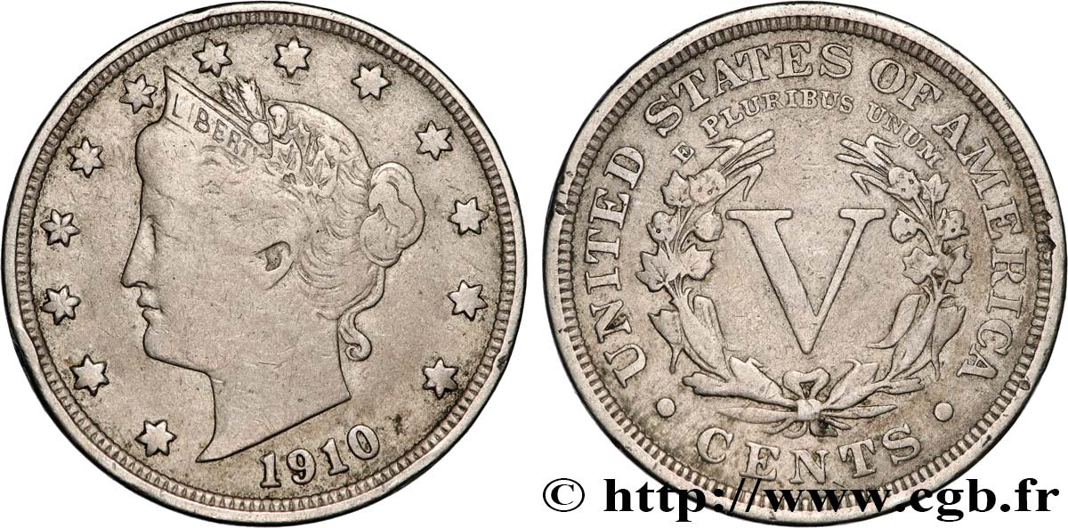 STATI UNITI D AMERICA 5 Cents Liberty Nickel 1910 Philadelphie MB 