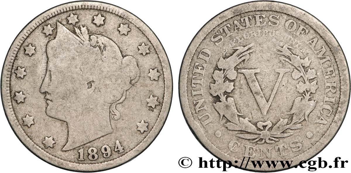 UNITED STATES OF AMERICA 5 Cents “Liberté” 1894 Philadelphie VF 