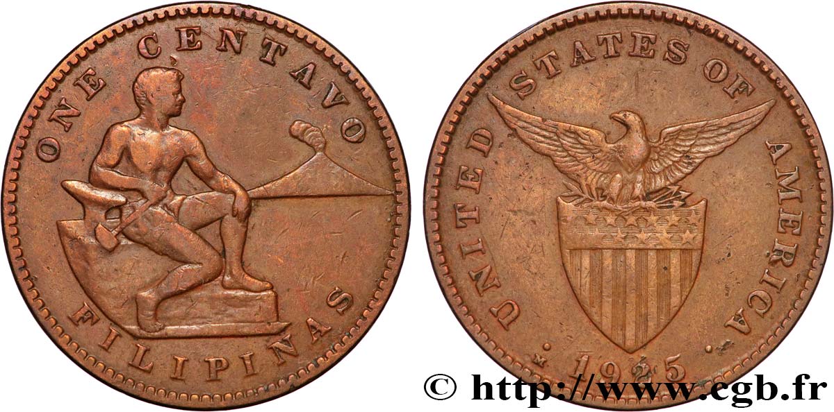 FILIPINAS 1 Centavo - Administration Américaine forgeron et Mont Mayon 1925 Manille BC+ 