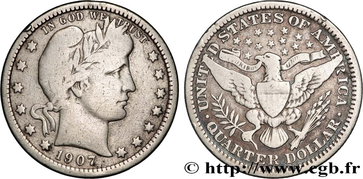 ÉTATS-UNIS D AMÉRIQUE 1/4 Dollar Barber 1907 Philadelphie TB+ 