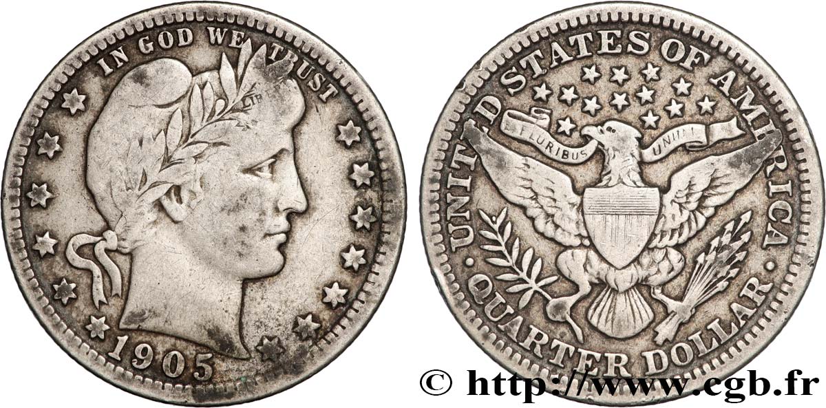 ÉTATS-UNIS D AMÉRIQUE 1/4 Dollar Barber 1905 Philadelphie TB+ 