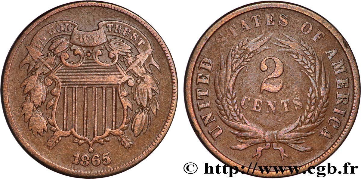 UNITED STATES OF AMERICA 2 Cents Bouclier 1865 Philadelphie XF 