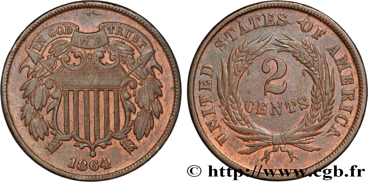 UNITED STATES OF AMERICA 2 Cents - Union Shield 1864 Philadelphie XF 