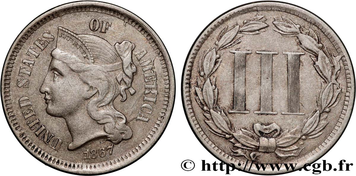 VEREINIGTE STAATEN VON AMERIKA 3 Cents 1867 Philadelphie SS 