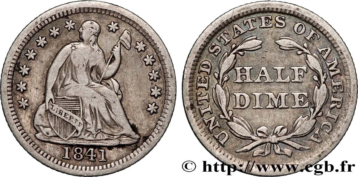 UNITED STATES OF AMERICA 1/2 Dime (5 Cents) Liberté assise variété avec draperie 1841 Philadelphie VF 