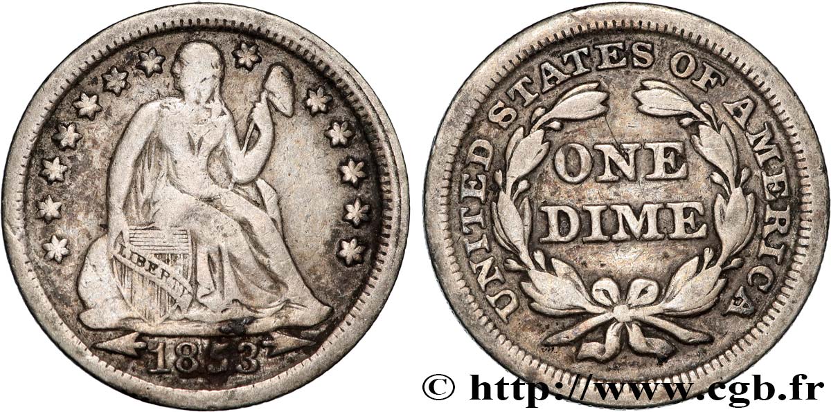 STATI UNITI D AMERICA 1 Dime (10 Cents) Liberté assise variété avec date encadrée par des flèches 1853 Philadelphie MB 