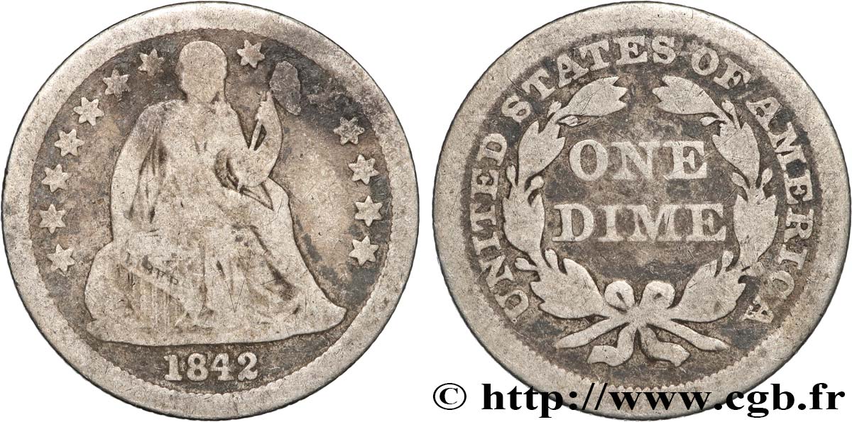 UNITED STATES OF AMERICA 1 Dime (10 Cents) Liberté assise 1842 Philadelphie VF 