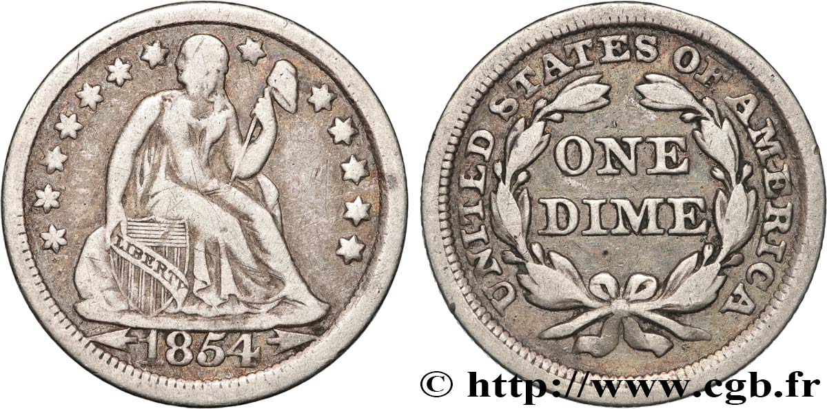 VEREINIGTE STAATEN VON AMERIKA 1 Dime (10 Cents) Liberté assise variété avec date encadrée par des flèches 1854 Philadelphie fSS 