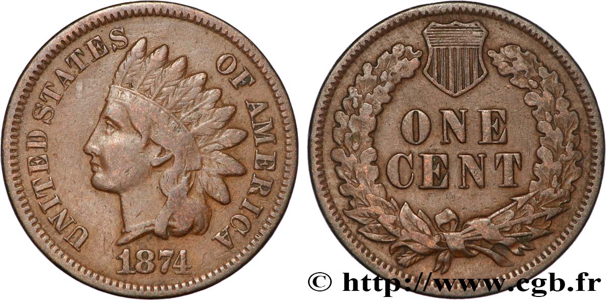 ESTADOS UNIDOS DE AMÉRICA 1 Cent tête d’indien, 3e type 1874 Philadelphie BC+ 