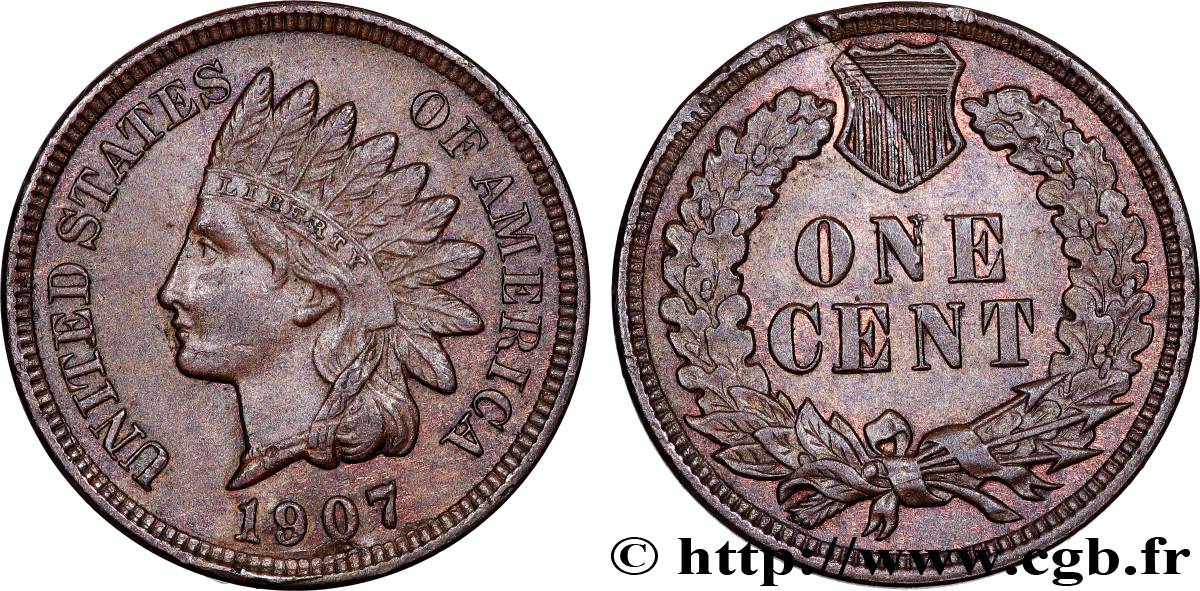 UNITED STATES OF AMERICA 1 Cent tête d’indien, 3e type 1907 Philadelphie AU 