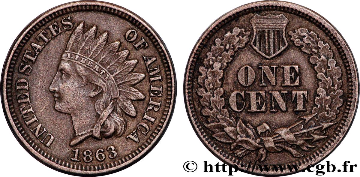 UNITED STATES OF AMERICA 1 Cent tête d’indien 2e type 1863 Philadelphie VF 