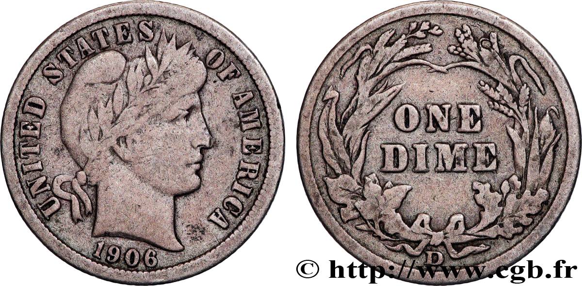 UNITED STATES OF AMERICA 1 Dime Barber 1906 Denver VF 