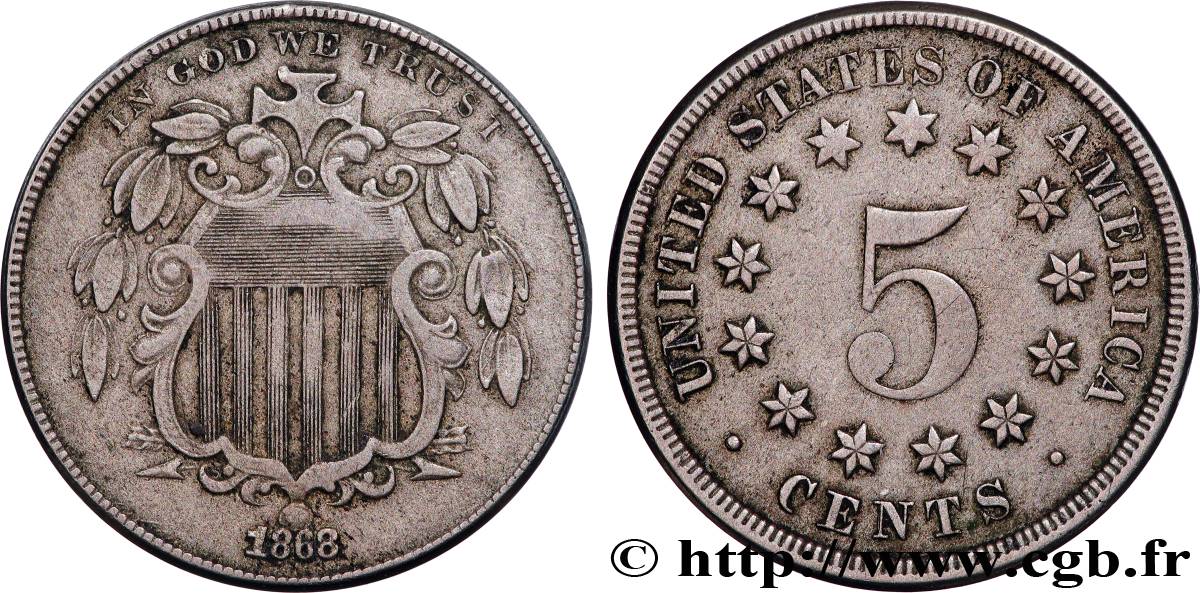 UNITED STATES OF AMERICA 5 Cents bouclier variété sans rayons entre les étoiles 1868 Philadelphie VF 