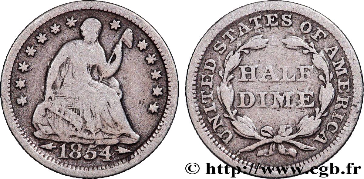 ESTADOS UNIDOS DE AMÉRICA 1/2 Dime Liberté assise variété avec date encadrée par des flèches 1854 Philadelphie BC+ 