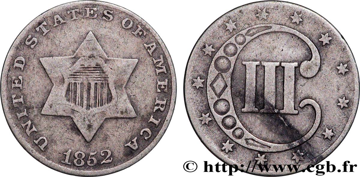 UNITED STATES OF AMERICA 3 Cents 1852 Philadelphie VF 