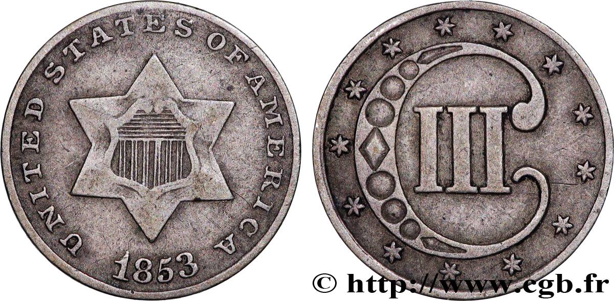 ÉTATS-UNIS D AMÉRIQUE 3 Cents 1853 Philadelphie TB+ 