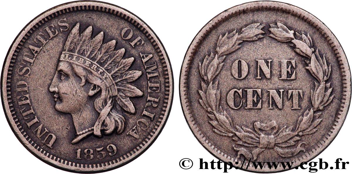 UNITED STATES OF AMERICA 1 Cent tête d’indien 1859 Philadelphie VF 