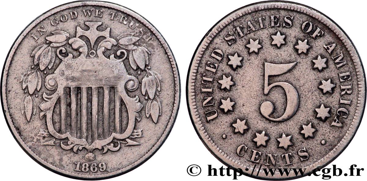 VEREINIGTE STAATEN VON AMERIKA 5 Cents bouclier variété sans rayons entre les étoiles 1869 Philadelphie S 