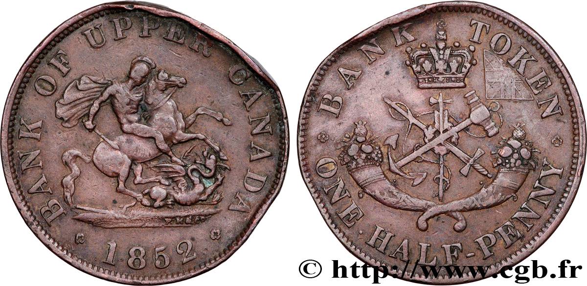 KANADA 1/2 Penny token Province du Haut Canada St Georges terrassant le dragon 1852 Heaton fSS 