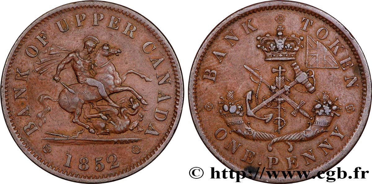 CANADA 1 Penny token Province du Haut Canada St Georges terrassant le dragon 1852 Heaton XF 