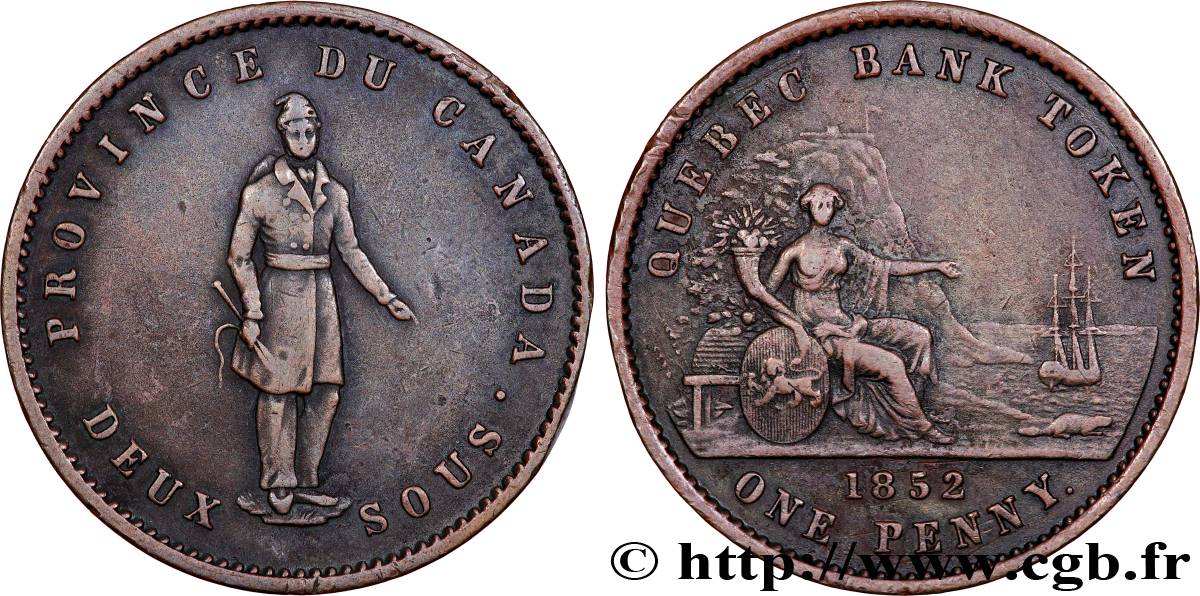 CANADá
 2 Sous (1 Penny) Province du Bas Canada Québec Bank 1852 Boulton & Watt MBC 