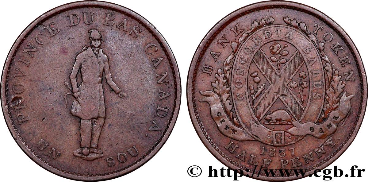 CANADá
 1 Sous (1/2 Penny) Province du Bas Canada Québec Bank 1857 Boulton & Watt BC+ 