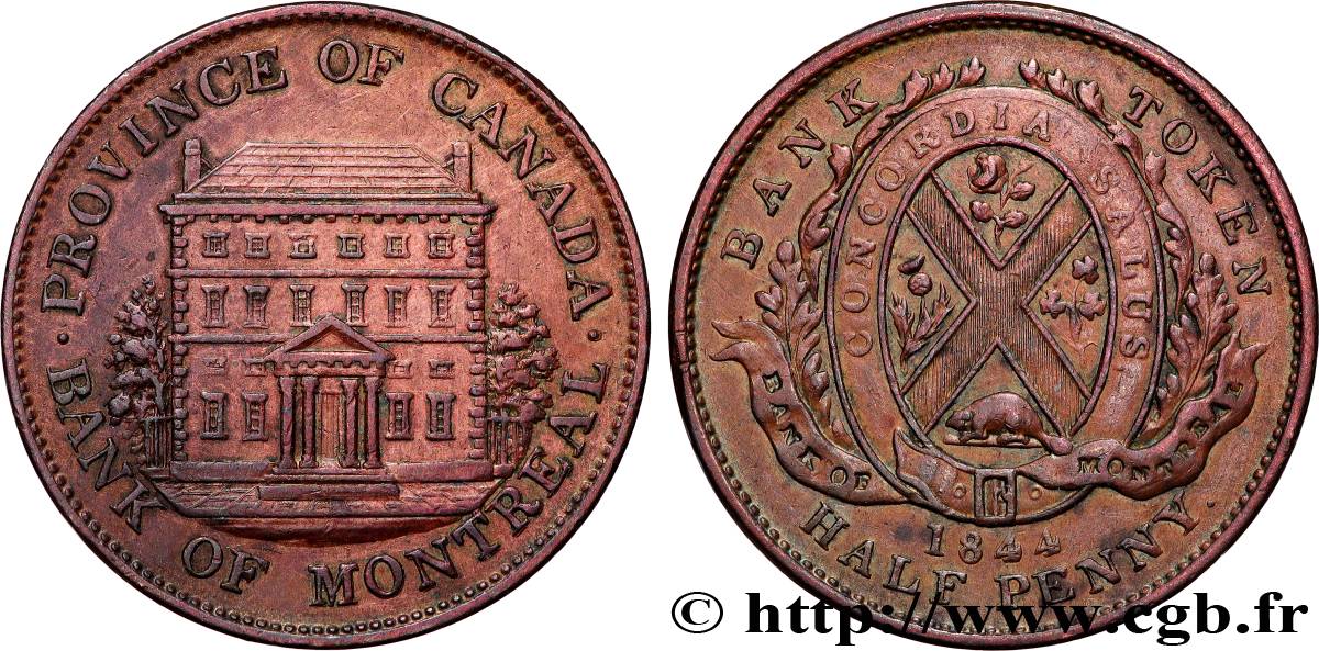 CANADA 1/2 Penny Province du Bas Canada Banque de Montréal 1844  TTB 