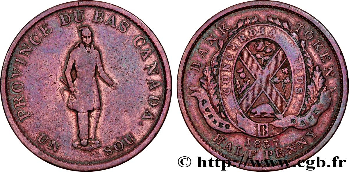 CANADá
 1 Sou (1/2 Penny) Province du Bas Canada, Québec 1837 Boulton & Watt BC+ 