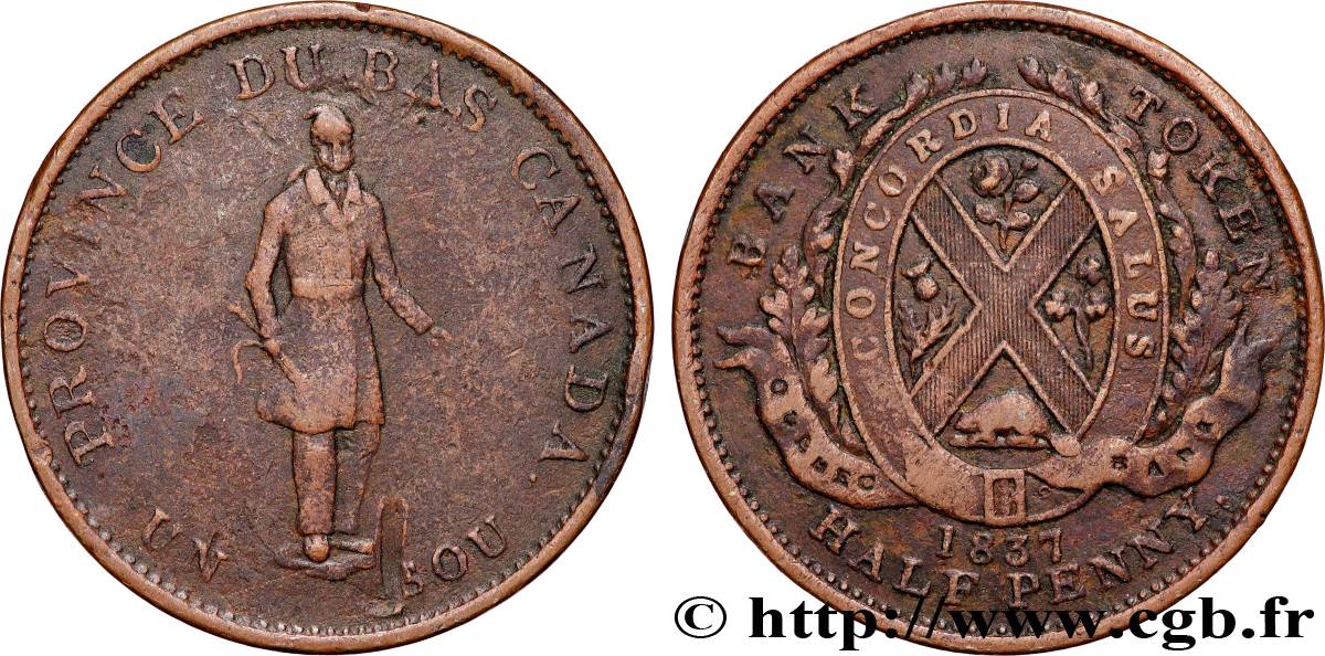 CANADA 1 Sou (1/2 Penny) Province du Bas Canada, Québec 1837 Boulton & Watt VF 