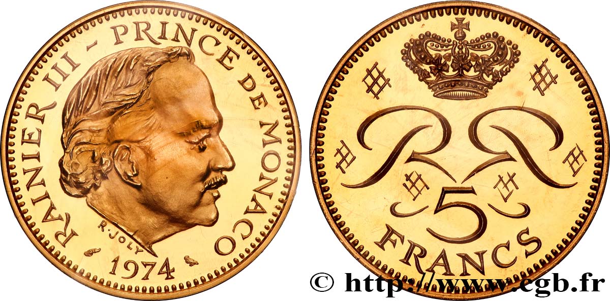 MONACO - FÜRSTENTUM MONACO - RAINIER III. Piefort de 5 Francs en or  1974 Paris ST 