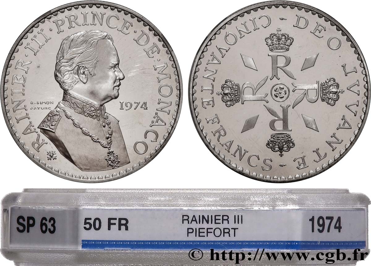 MÓNACO - PRINCIPADO DE MÓNACO - RANIERO III Piéfort argent de 50 francs 1974 Paris SC63 GENI