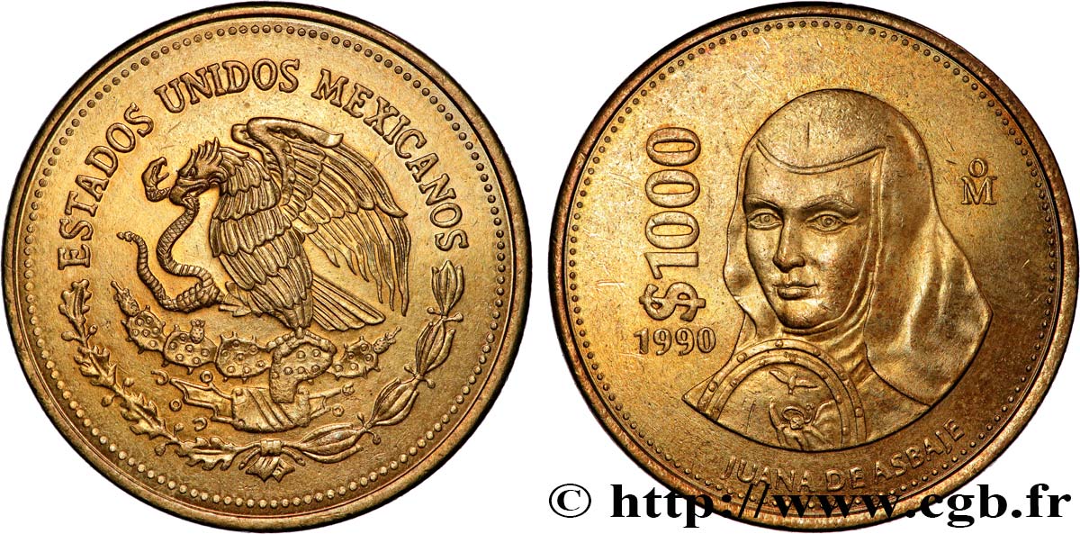 MEXICO 1000 Pesos aigle mexicain / la soeur Juana de Asbaje 1990 Mexico AU 
