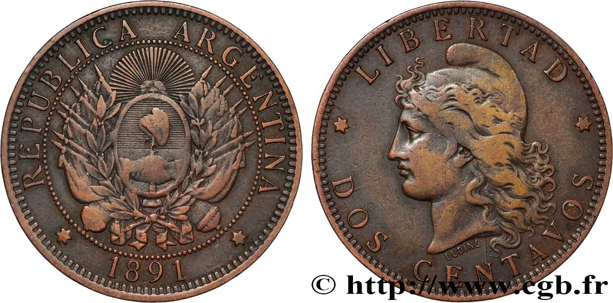 ARGENTINE 2 Centavos emblème / “Liberté” 1891  TB+ 