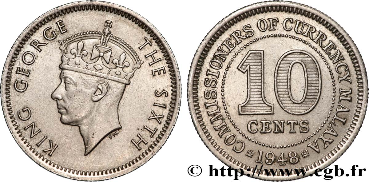 MALAISIE 10 Cents Commission Monétaire de Malaisie Georges VI 1948  TTB+ 