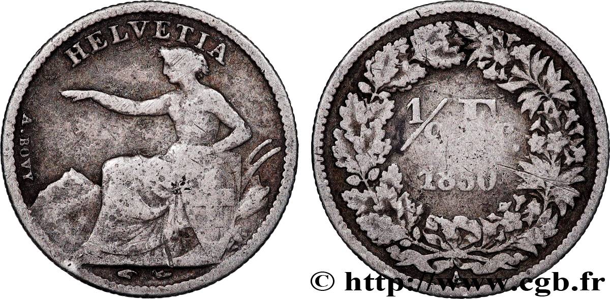 SUISSE 1/2 Franc Helvetia 1850 Paris B+ 