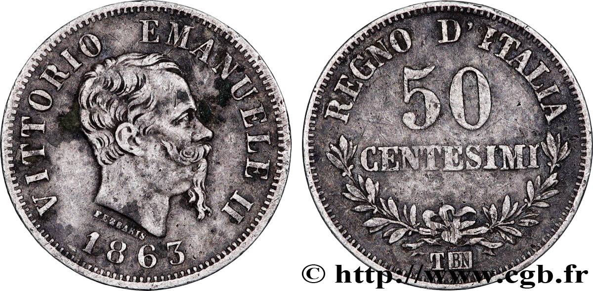 ITALIE 50 Centesimi Victor Emmanuel II 1863 Turin - T TTB 