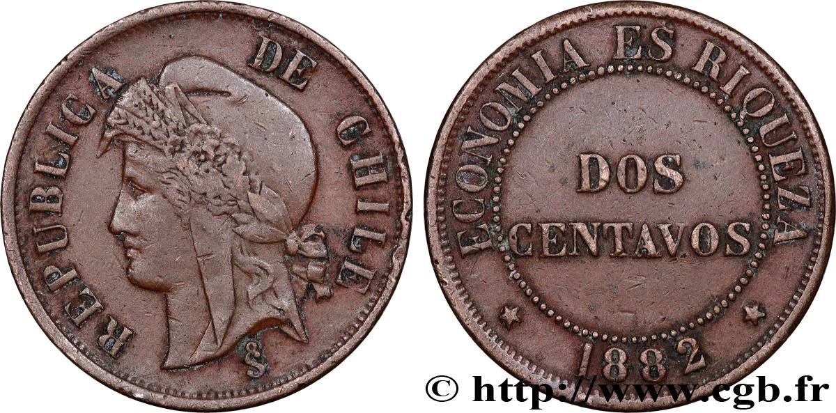 CHILE
 2 Centavos 1882 Santiago du Chili MBC 