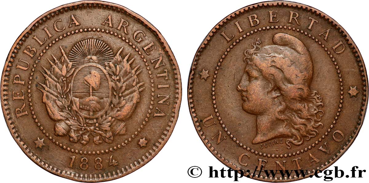 ARGENTINA 1 Centavo emblème / “Liberté” 1884  XF 