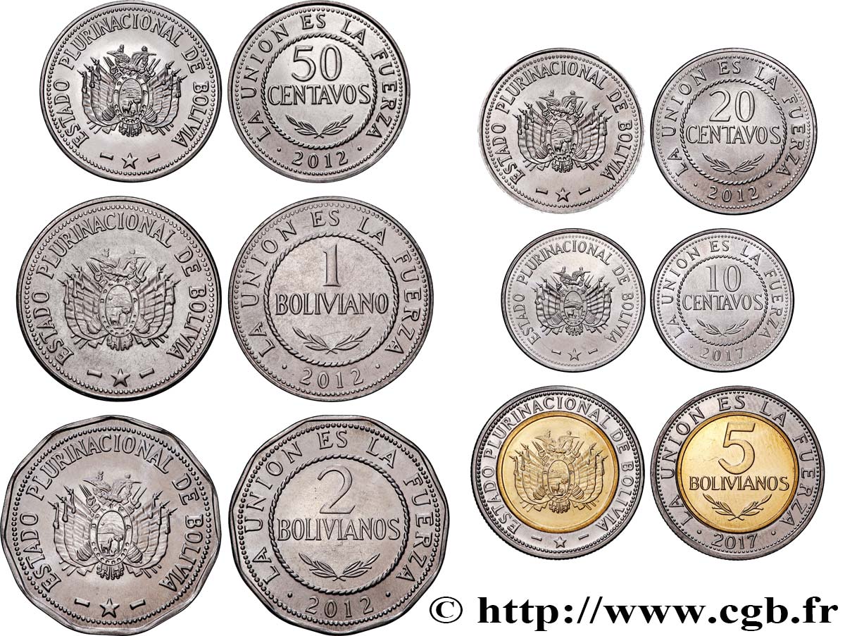 BOLIVIA Lot de 6 monnaies 2012-2017  MS 