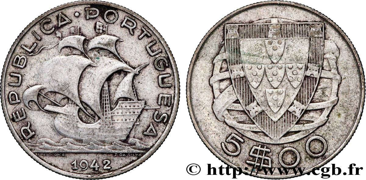 PORTUGAL 5 Escudos 1942  TTB 