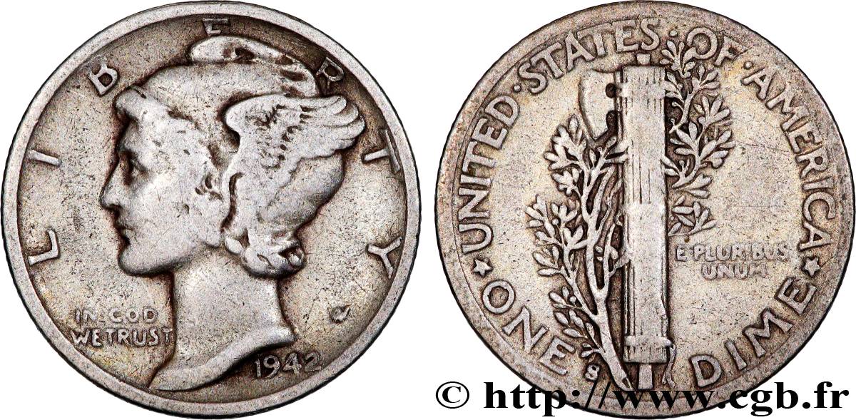UNITED STATES OF AMERICA 1 Dime Mercury 1942 San Francisco VF 